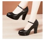 High Heels Platform Pumps Mujer 2022 Spring New Fashion Buckle Solid Black Shoes Woman PU Leather Waterproof Shoes Femme